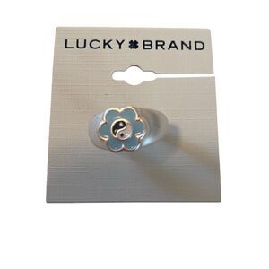 Gorgeous Silvertone & Light Blue Flower Yin-Yang Ring Size 7